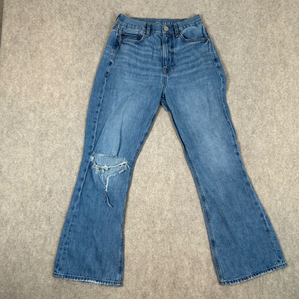 American Eagle Flare Jeans Womens 4 Blue Highest Rise 90s‎ Distressed Real Good